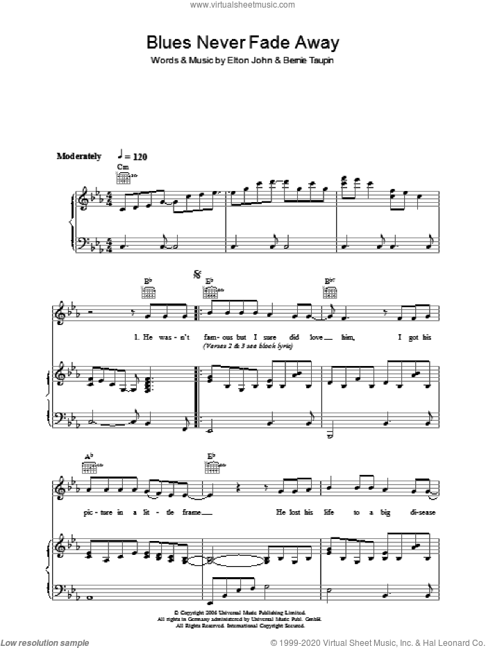 Blues Never Fade Away sheet music for voice, piano or guitar by Elton John and Bernie Taupin, intermediate skill level