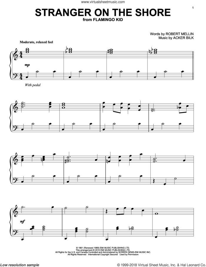Stranger On The Shore, (intermediate) sheet music for piano solo by Acker Bilk and Robert Mellin, intermediate skill level