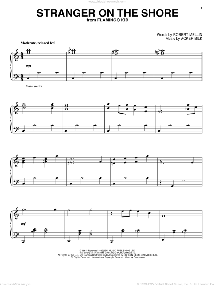 Stranger On The Shore, (intermediate) sheet music for piano solo by Acker Bilk and Robert Mellin, intermediate skill level