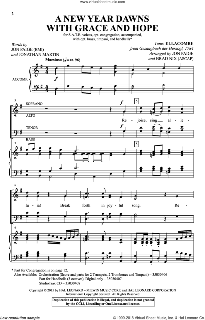 A New Year Dawns With Grace And Hope sheet music for choir (SATB: soprano, alto, tenor, bass) by Gesangbuch der Herzogl, Brad Nix and Jon Paige, Samuel S. Wesley, Brad Nix, Jon Paige and Jonathan Martin, intermediate skill level