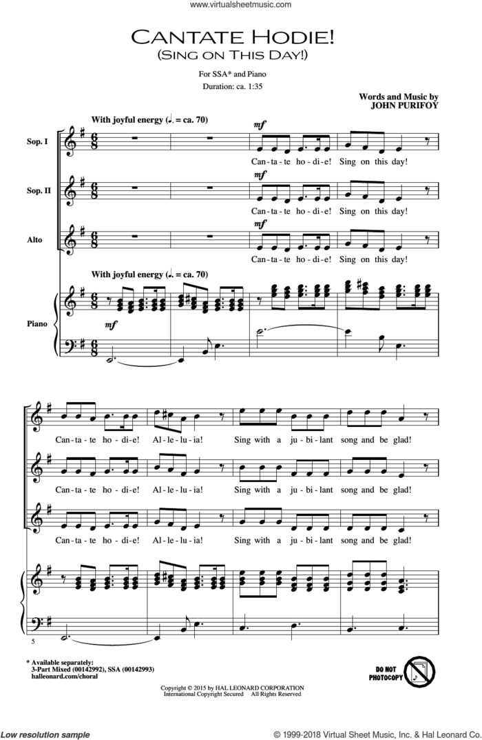 Cantate Hodie! (Sing On This Day) sheet music for choir (SSA: soprano, alto) by John Purifoy, intermediate skill level