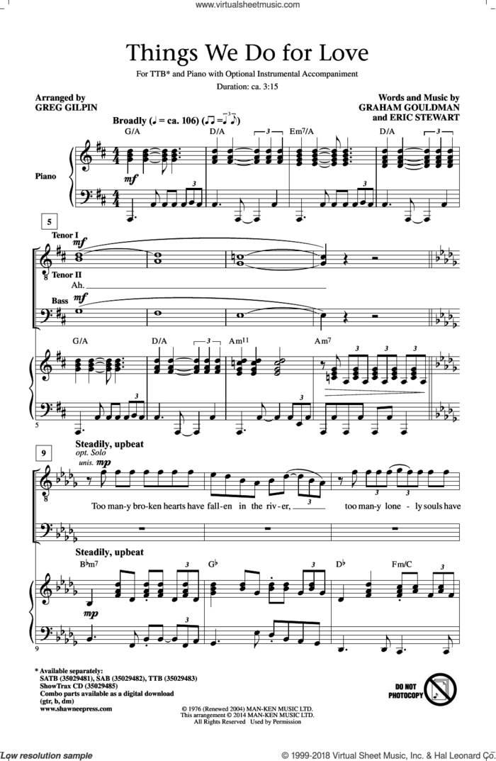 Things We Do For Love sheet music for choir (TTBB: tenor, bass) by Greg Gilpin, 10Cc, Eric Stewart and Graham Gouldman, intermediate skill level