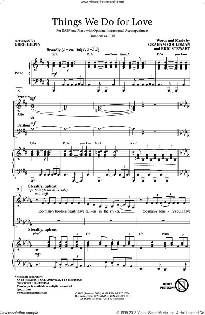 Things We Do For Love sheet music for choir (SAB: soprano, alto, bass) by Greg Gilpin, 10Cc, Eric Stewart and Graham Gouldman, intermediate skill level