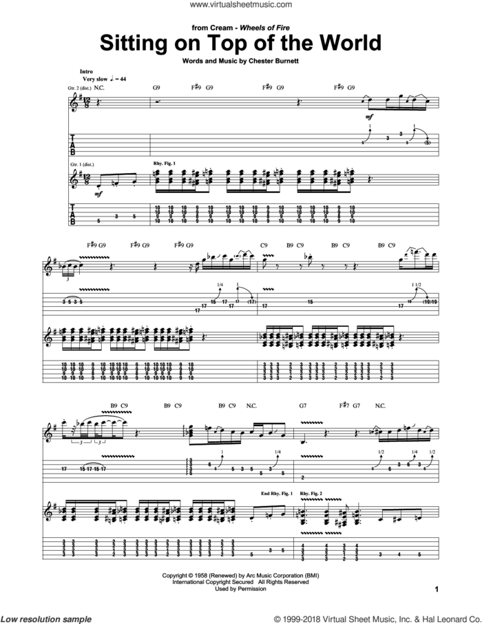 Sitting On Top Of The World sheet music for guitar (tablature) by Cream and Chester Burnett, intermediate skill level