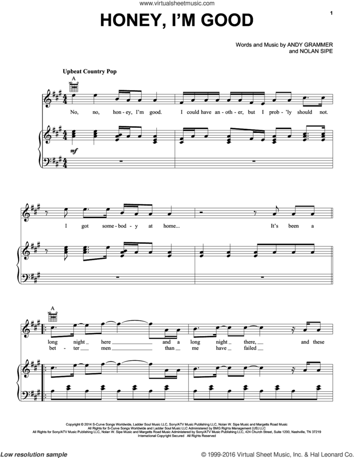 Honey, I'm Good sheet music for voice, piano or guitar by Andy Grammer and Nolan Sipe, intermediate skill level