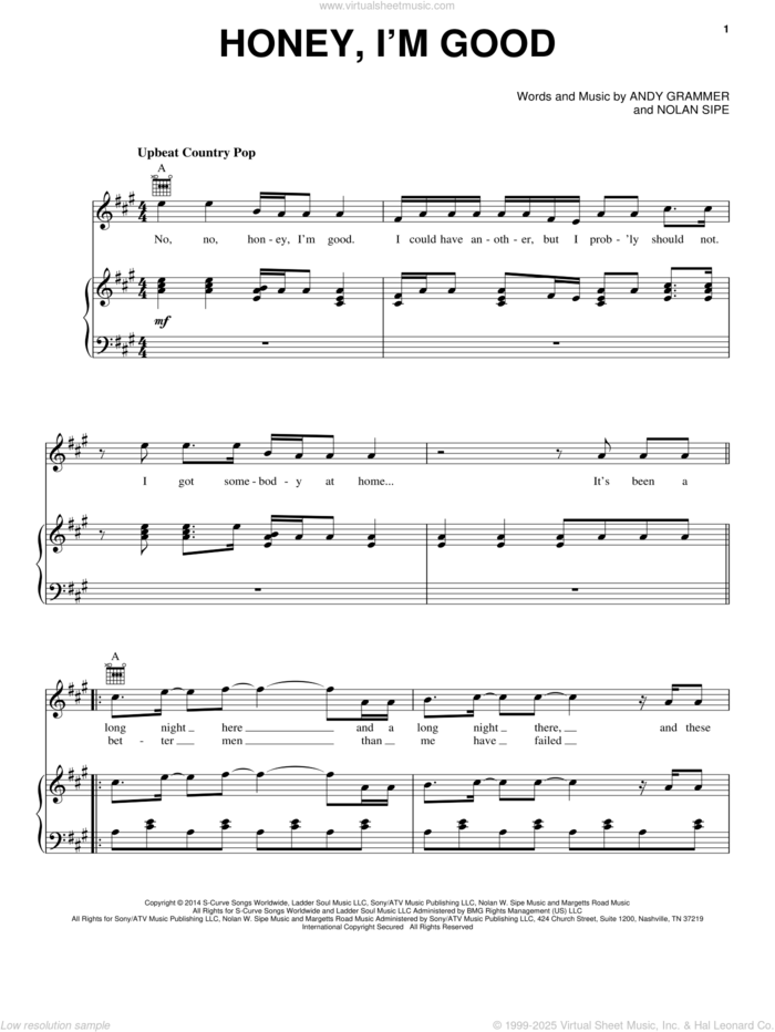 Honey, I'm Good sheet music for voice, piano or guitar by Andy Grammer and Nolan Sipe, intermediate skill level