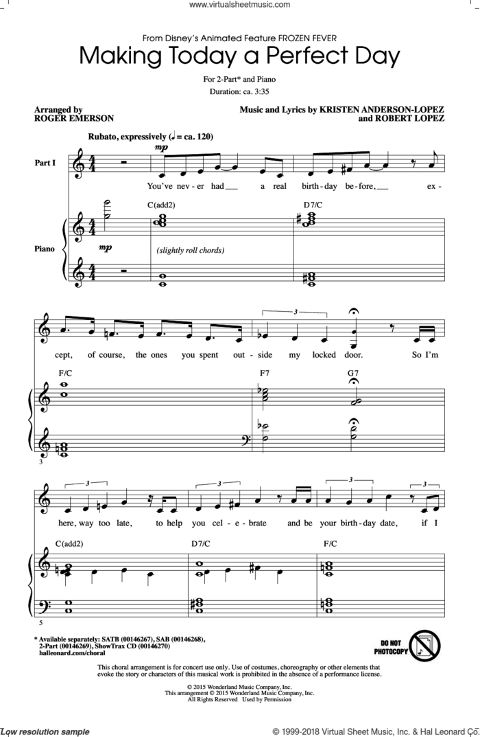 Making Today A Perfect Day (from Frozen Fever) (arr. Roger Emerson) sheet music for choir (2-Part) by Robert Lopez, Roger Emerson, Idina Menzel & Kristen Bell and Cast and Kristen Anderson-Lopez, intermediate duet