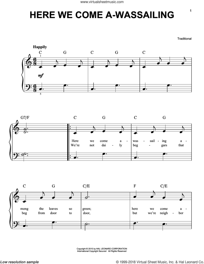Here We Come A-Wassailing, (beginner) sheet music for piano solo, beginner skill level