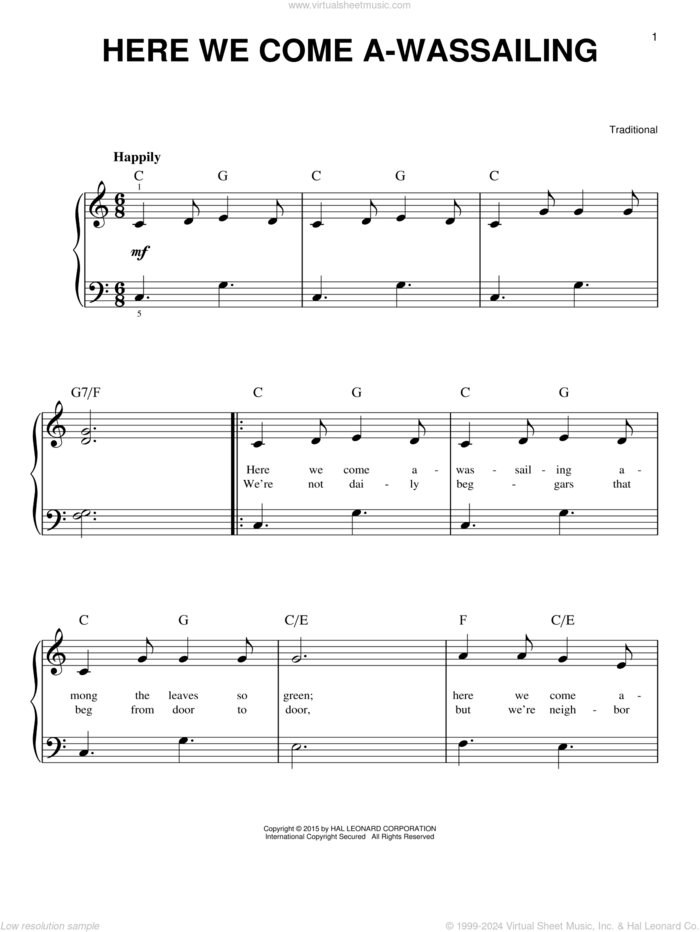 Here We Come A-Wassailing, (beginner) sheet music for piano solo, beginner skill level