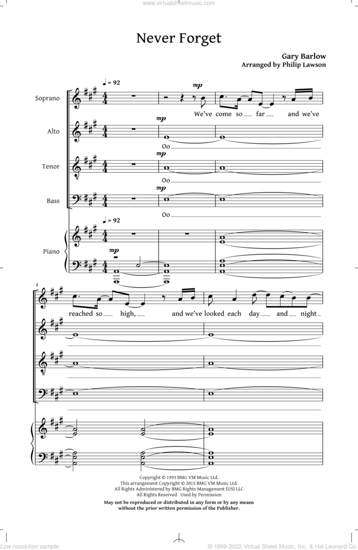 Never Forget (arr. Philip Lawson) sheet music for choir (SATB: soprano, alto, tenor, bass) by Gary Barlow, Philip Lawson and Take That, intermediate skill level