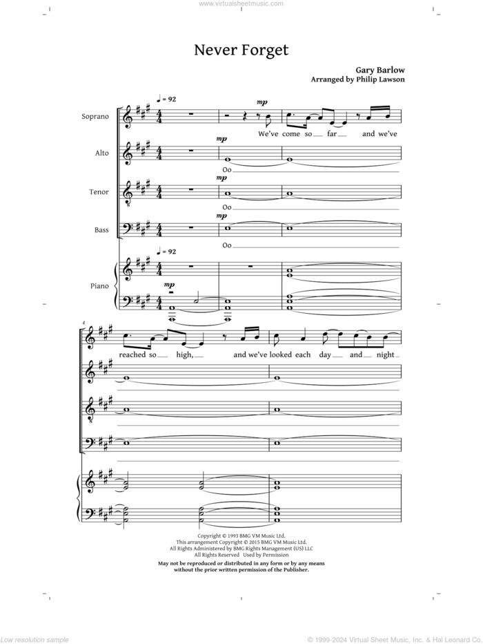 Never Forget (arr. Philip Lawson) sheet music for choir (SATB: soprano, alto, tenor, bass) by Gary Barlow, Philip Lawson and Take That, intermediate skill level