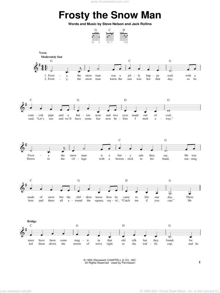 Frosty The Snow Man sheet music for guitar solo (chords) by Steve Nelson and Jack Rollins, easy guitar (chords)