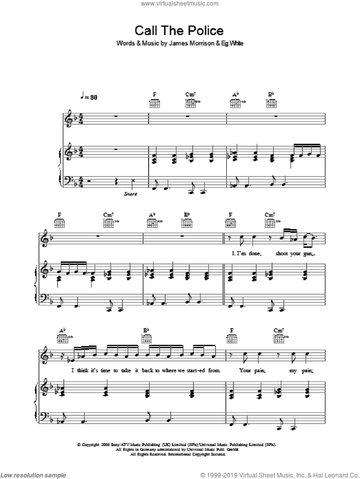 Call The Police sheet music for voice, piano or guitar by James Morrison and Eg White, intermediate skill level