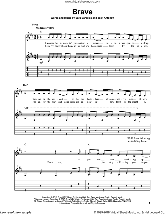 Brave sheet music for guitar solo by Sara Bareilles and Jack Antonoff, intermediate skill level