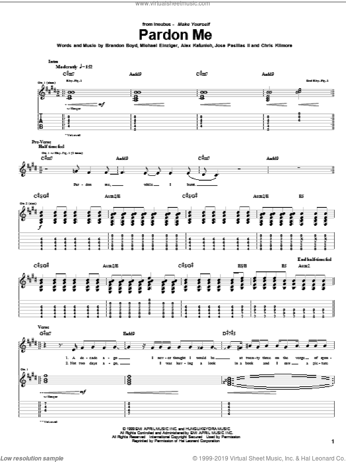 Pardon Me sheet music for guitar (tablature) by Incubus, Alex Katunich, Brandon Boyd, Chris Kilmore, Jose Pasillas II and Michael Einziger, intermediate skill level