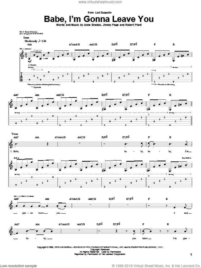 Babe, I'm Gonna Leave You sheet music for guitar (tablature) by Led Zeppelin, Great White, Anne Bredon, Jimmy Page and Robert Plant, intermediate skill level