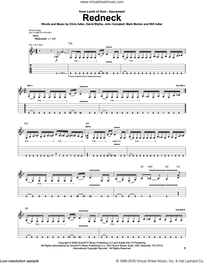 Redneck sheet music for guitar (tablature) by Lamb Of God, Chris Adler, David Blythe, John Campbell, Mark Morton and Will Adler, intermediate skill level
