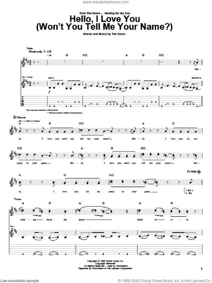 Hello, I Love You (Won't You Tell Me Your Name?) sheet music for guitar (tablature) by The Doors, intermediate skill level