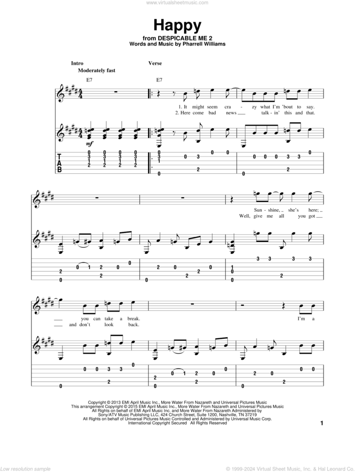 Happy sheet music for guitar solo by Pharrell and Pharrell Williams, intermediate skill level