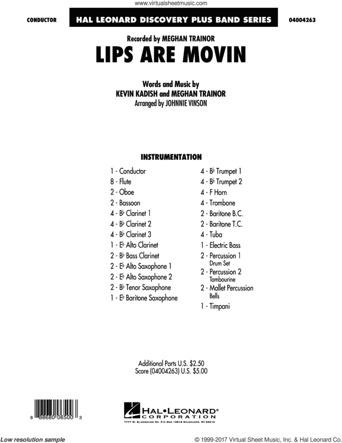 Lips Are Movin' (COMPLETE) sheet music for concert band by Johnnie Vinson, Kevin Kadish and Meghan Trainor, intermediate skill level