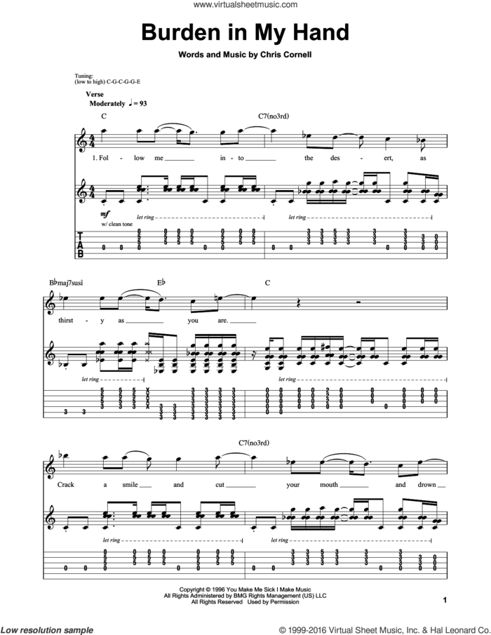 Burden In My Hand sheet music for guitar (tablature, play-along) by Soundgarden and Chris Cornell, intermediate skill level