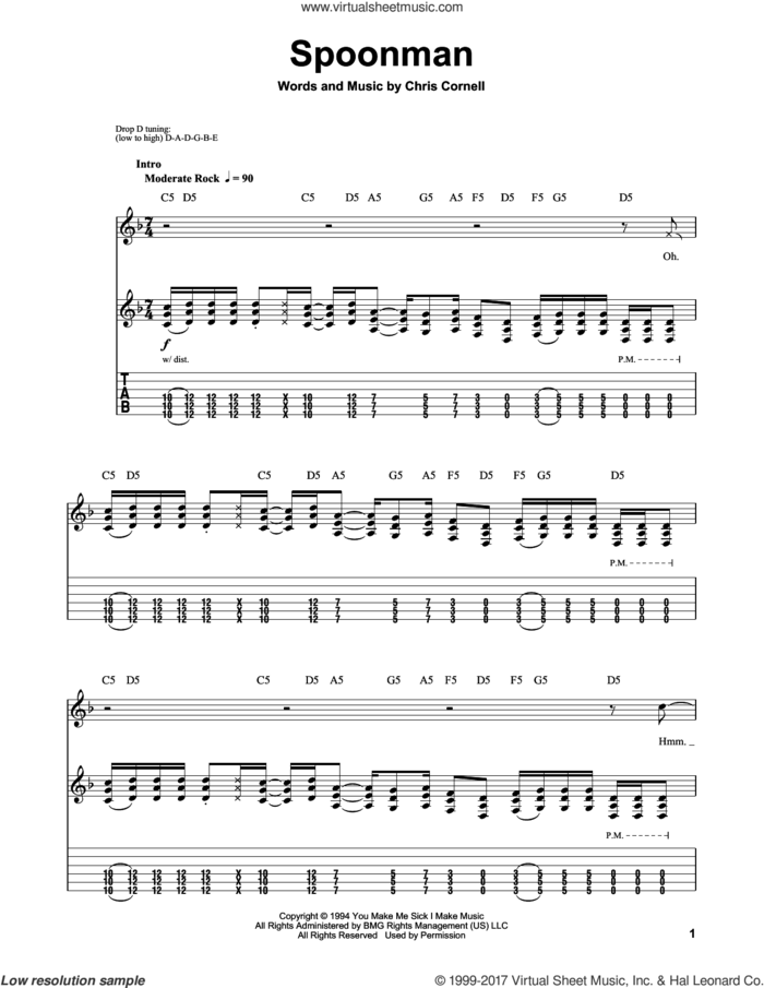 Spoonman sheet music for guitar (tablature, play-along) by Soundgarden and Chris Cornell, intermediate skill level