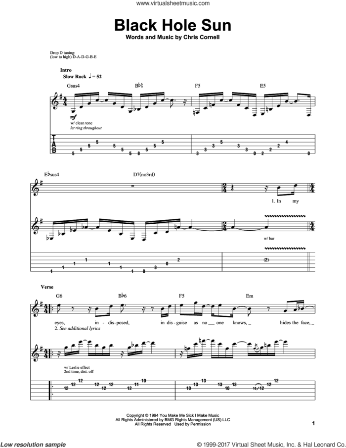 Black Hole Sun sheet music for guitar (tablature, play-along) by Soundgarden and Chris Cornell, intermediate skill level