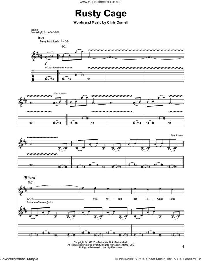Rusty Cage sheet music for guitar (tablature, play-along) by Soundgarden and Chris Cornell, intermediate skill level