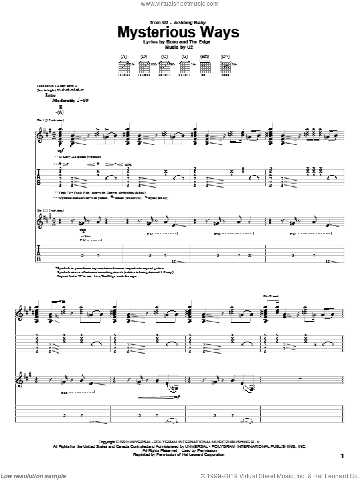 Mysterious Ways sheet music for guitar (tablature) by U2, Bono and The Edge, intermediate skill level