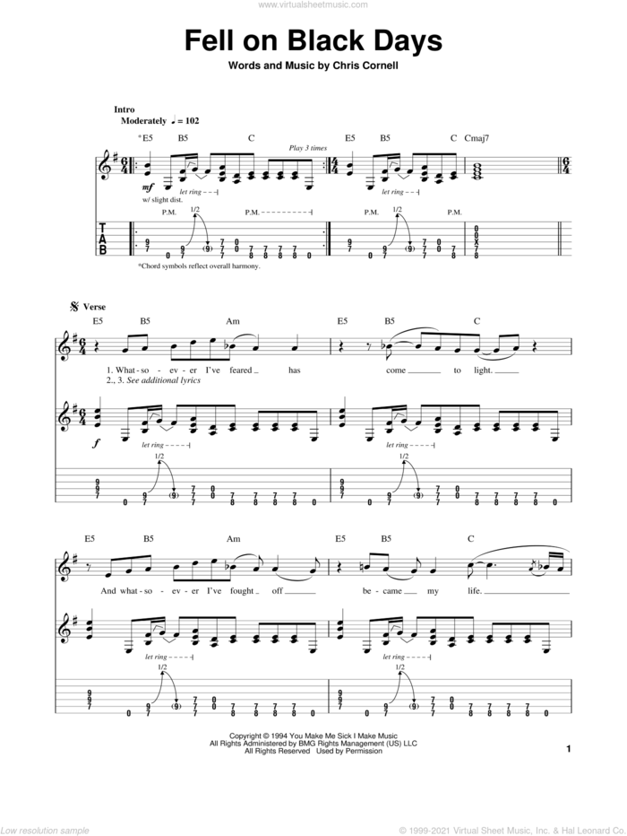 Fell On Black Days sheet music for guitar (tablature, play-along) by Soundgarden and Chris Cornell, intermediate skill level