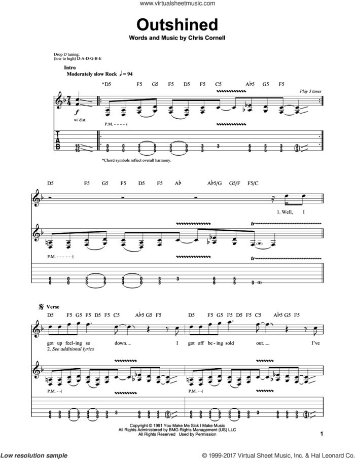 Outshined sheet music for guitar (tablature, play-along) by Soundgarden and Chris Cornell, intermediate skill level