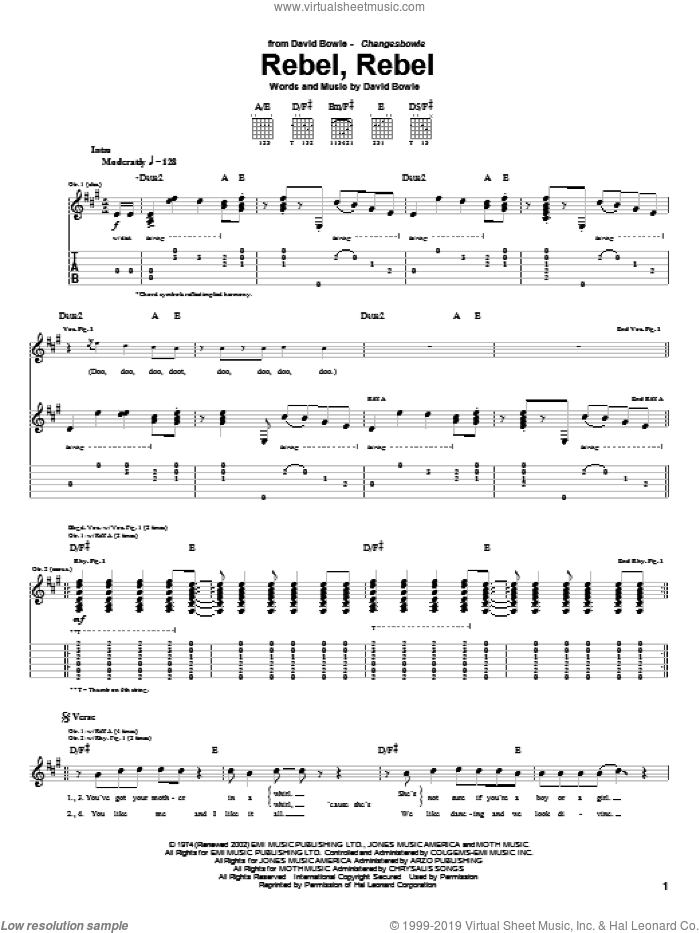 Rebel, Rebel sheet music for guitar (tablature) by David Bowie, intermediate skill level