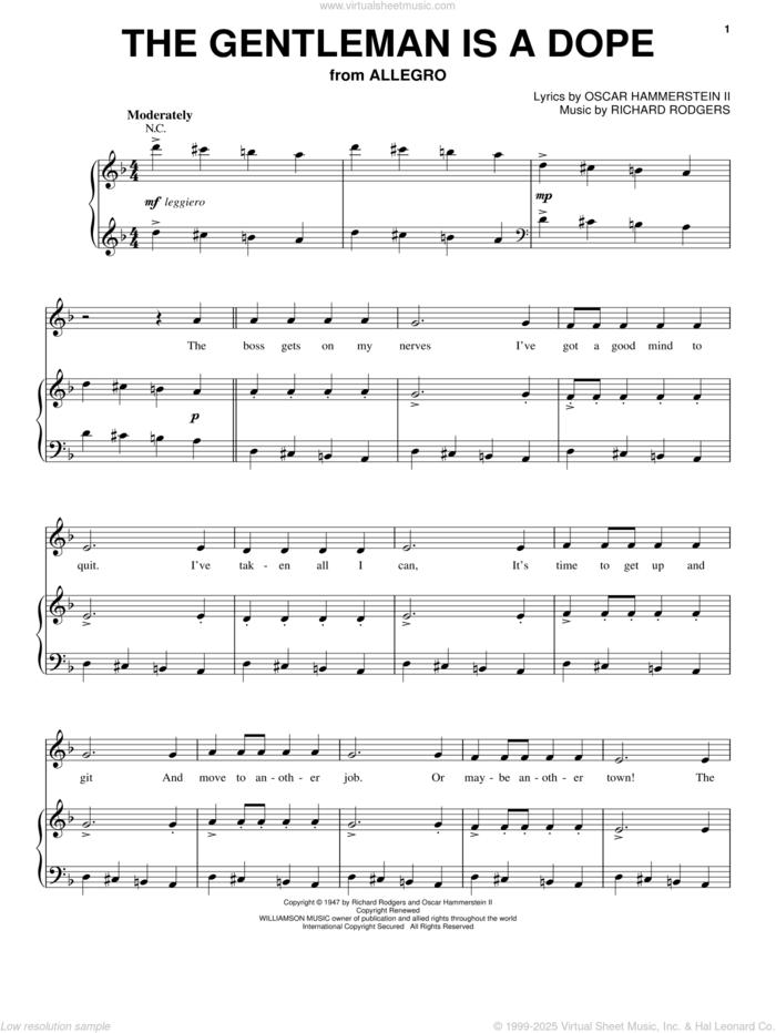 The Gentleman Is A Dope sheet music for voice, piano or guitar by Richard Rodgers, Allegro (Musical), Hammerstein, Rodgers &, Oscar II Hammerstein and Rodgers & Hammerstein, intermediate skill level