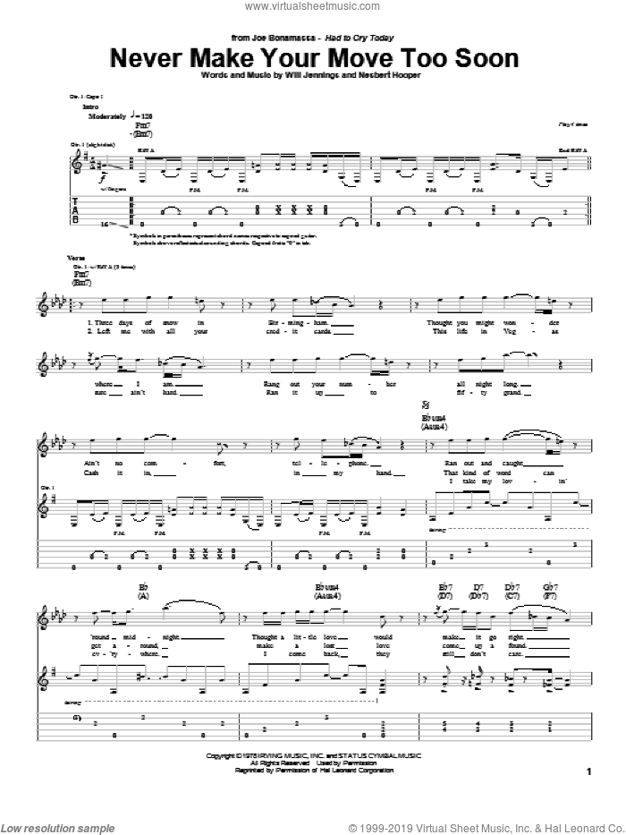 Never Make Your Move Too Soon sheet music for guitar (tablature) by Joe Bonamassa, Bonnie Raitt, Nesbert Hooper and Will Jennings, intermediate skill level