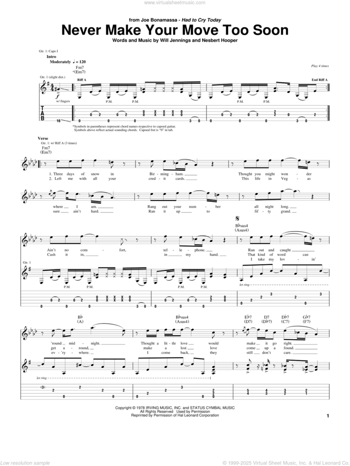 Never Make Your Move Too Soon sheet music for guitar (tablature) by Joe Bonamassa, Bonnie Raitt, Nesbert Hooper and Will Jennings, intermediate skill level