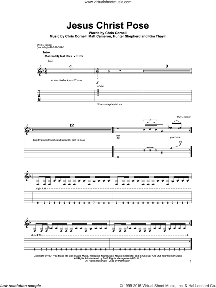 Jesus Christ Pose sheet music for guitar (tablature, play-along) by Soundgarden, Chris Cornell, Hunter Shepherd, Kim Thayil and Matt Cameron, intermediate skill level