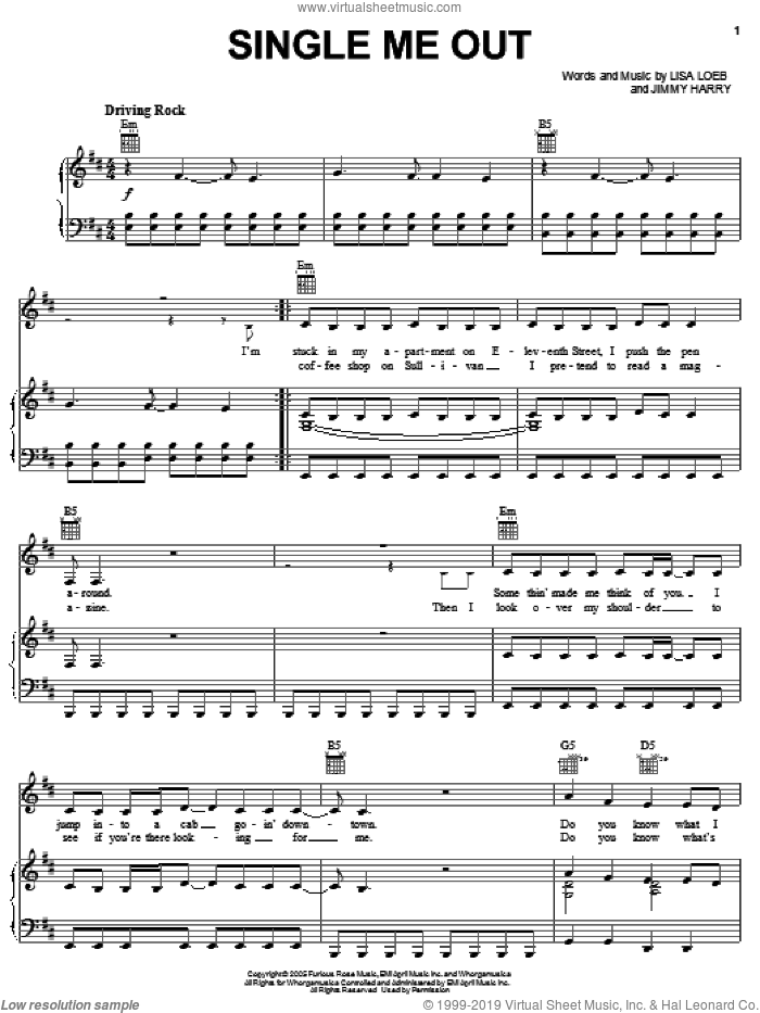 Single Me Out sheet music for voice, piano or guitar by Lisa Loeb and Jimmy Harry, intermediate skill level