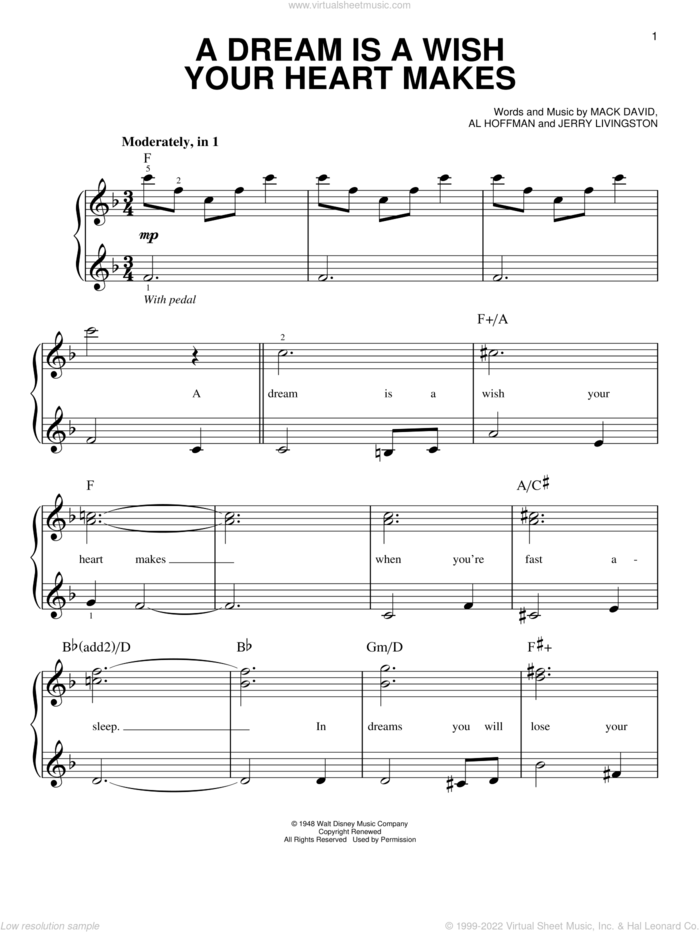A Dream Is A Wish Your Heart Makes (from Cinderella), (easy) sheet music for piano solo by Ilene Woods, Patrick Doyle, Linda Ronstadt, Al Hoffman, Jerry Livingston and Mack David, wedding score, easy skill level