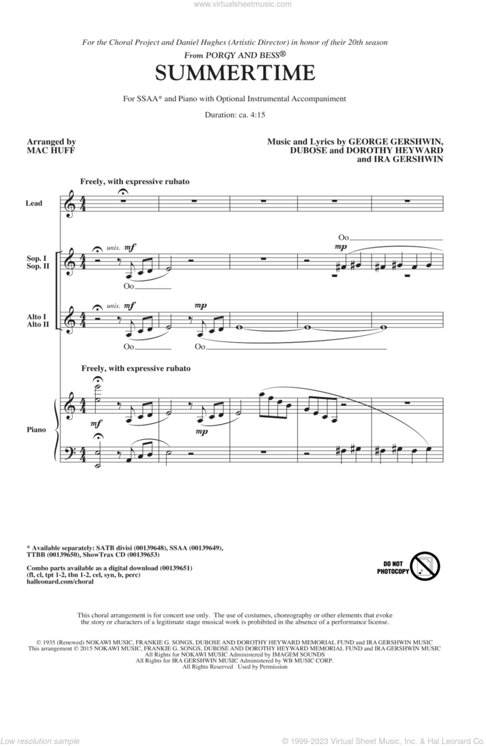 Summertime sheet music for choir (SSA: soprano, alto) by George Gershwin, Mac Huff, Dorothy Heyward, DuBose Heyward and Ira Gershwin, classical score, intermediate skill level