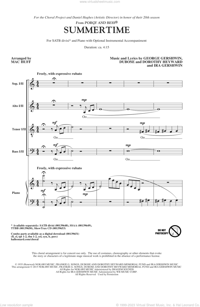 Summertime (arr. Mac Huff) sheet music for choir (SATB: soprano, alto, tenor, bass) by George Gershwin, Mac Huff, Dorothy Heyward, DuBose Heyward and Ira Gershwin, classical score, intermediate skill level