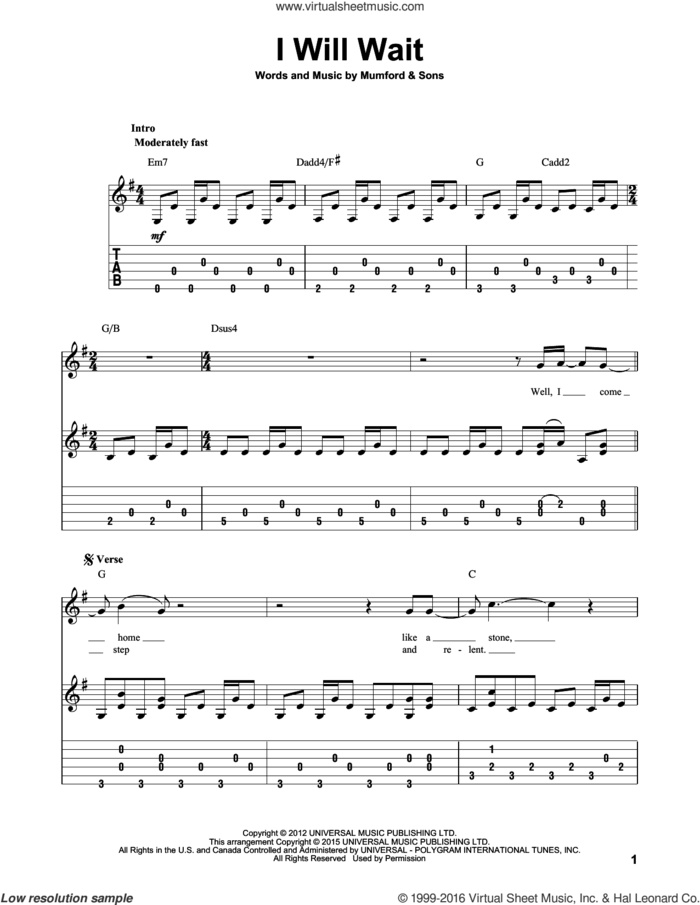 I Will Wait sheet music for guitar solo by Mumford & Sons, intermediate skill level