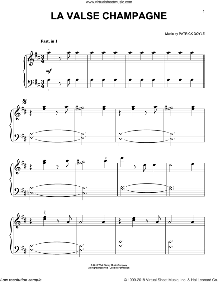 La Valse Champagne, (easy) sheet music for piano solo by Patrick Doyle, easy skill level