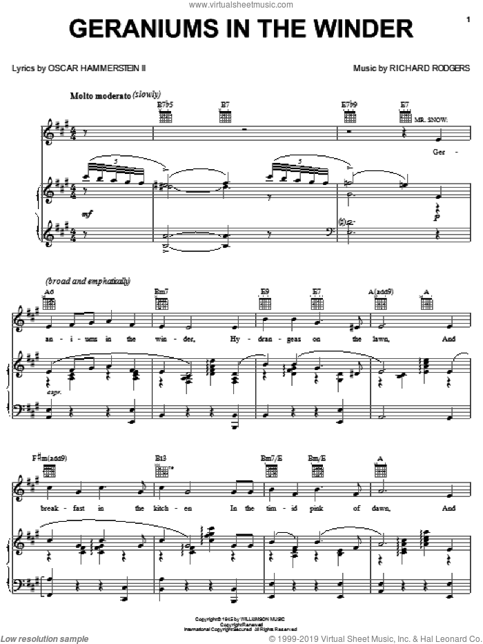 Geraniums In The Winder sheet music for voice, piano or guitar by Rodgers & Hammerstein, Carousel (Musical), Oscar II Hammerstein and Richard Rodgers, intermediate skill level