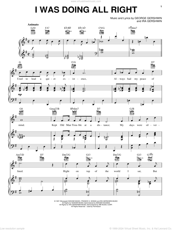 I Was Doing All Right sheet music for voice, piano or guitar by George and Ira Gershwin, George Gershwin and Ira Gershwin, intermediate skill level
