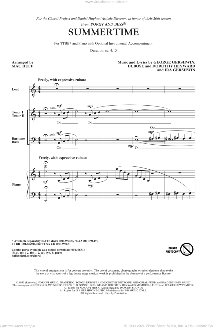 Summertime (arr. Mac Huff) sheet music for choir (TTBB: tenor, bass) by George Gershwin, Mac Huff, Dorothy Heyward, DuBose Heyward and Ira Gershwin, classical score, intermediate skill level