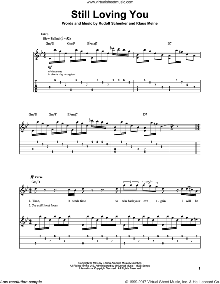 Still Loving You sheet music for guitar (tablature, play-along) by Scorpions, Klaus Meine and Rudolf Schenker, intermediate skill level