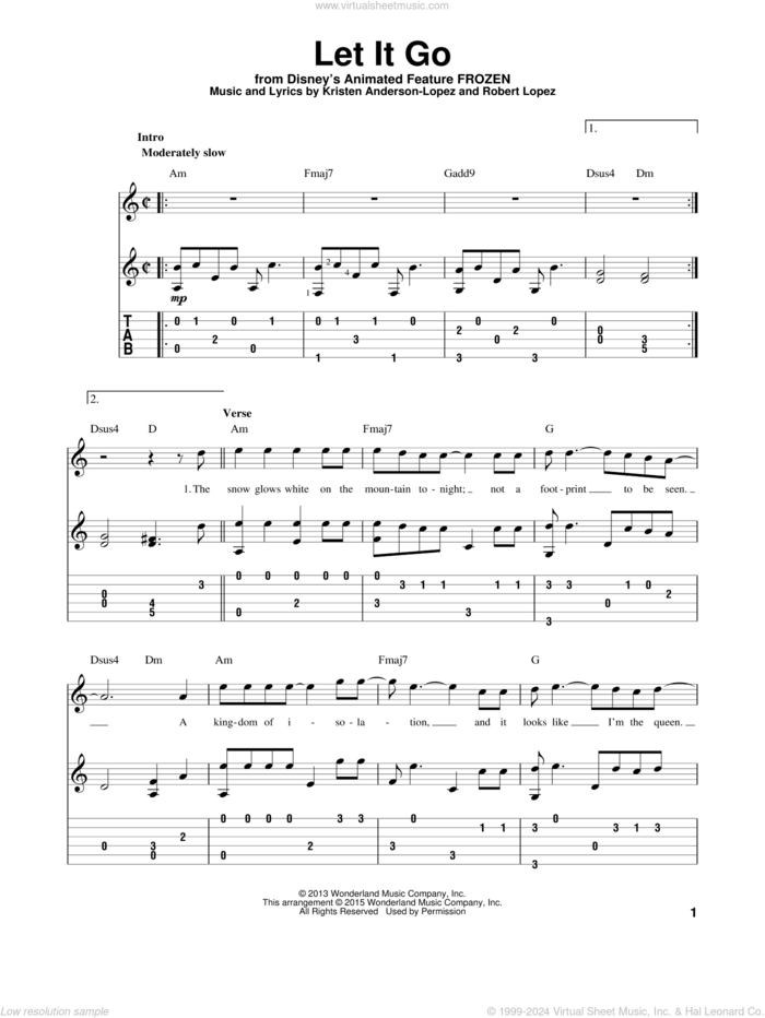 Let It Go (from Frozen), (intermediate) (from Frozen) sheet music for guitar solo by Idina Menzel, Kristen Anderson-Lopez and Robert Lopez, intermediate skill level