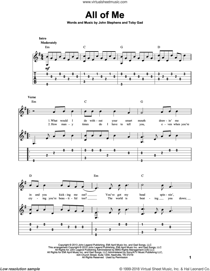All Of Me, (intermediate) sheet music for guitar solo by John Legend, John Stephens and Toby Gad, wedding score, intermediate skill level