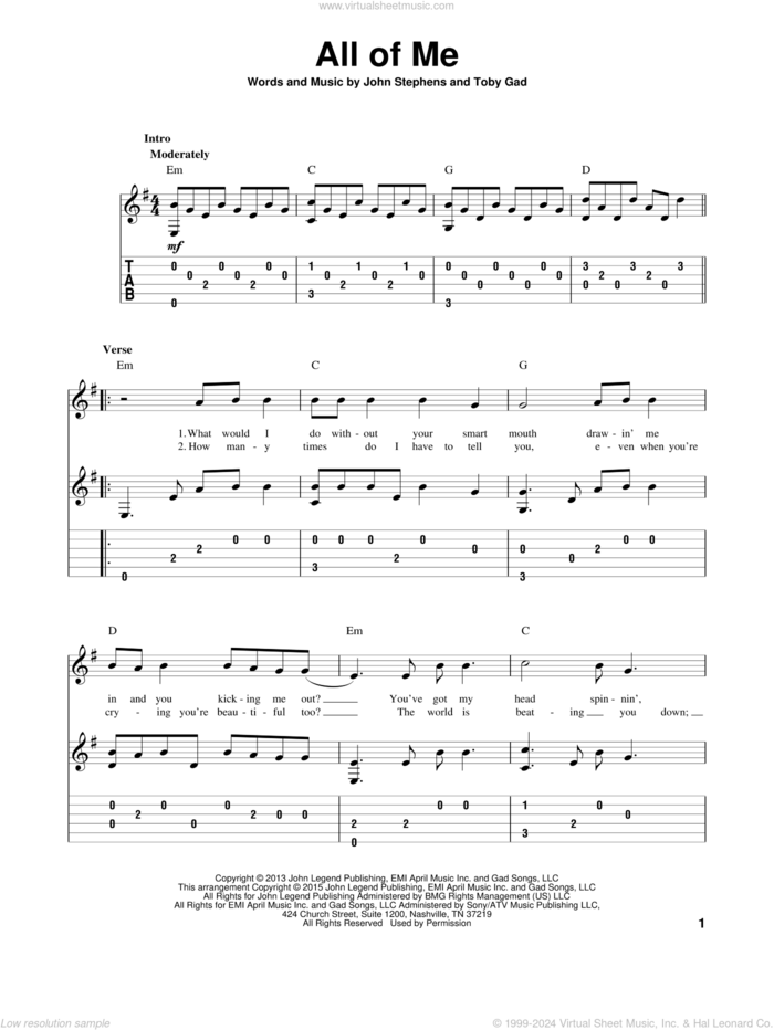 All Of Me, (intermediate) sheet music for guitar solo by John Legend, John Stephens and Toby Gad, wedding score, intermediate skill level