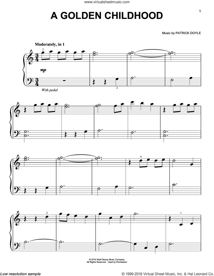 A Golden Childhood, (easy) sheet music for piano solo by Patrick Doyle, easy skill level